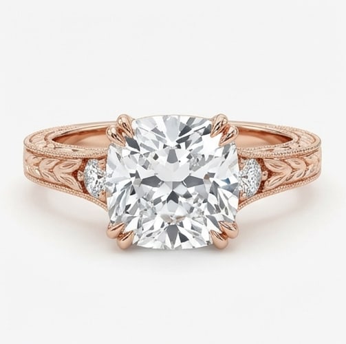 5.00 CT Cushion Lab Grown Diamond Vintage Ring 14K Rose Gold: Center Stone: Lab Grown DiamondShape: Cushion CutCarat Weight: 5.00 CT (Approx.)Color: E–FClarity: VVS1–VS1Side Stones: Lab Grown Round DiamondsMetal: 14K Rose GoldSetting: Vintage Inspired Solita