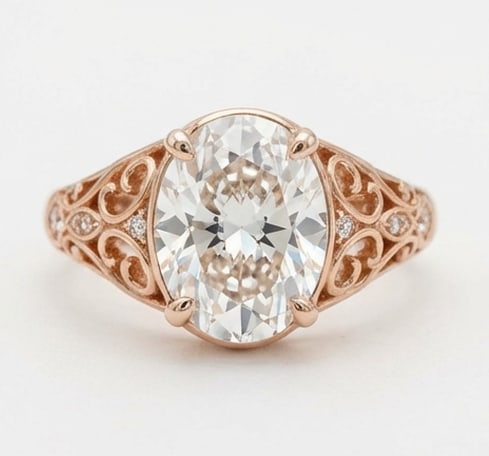 7.00 CT Oval Lab Grown Diamond Vintage Filigree Ring 14K Rose Gold: Center Stone: Lab Grown DiamondShape: Oval CutCarat Weight: 7.00 CT (Approx.)Color: E–FClarity: VVS1–VS1Side Stones: Lab Grown Accent DiamondsMetal: 14K Rose GoldSetting: Vintage Filigree with Pro