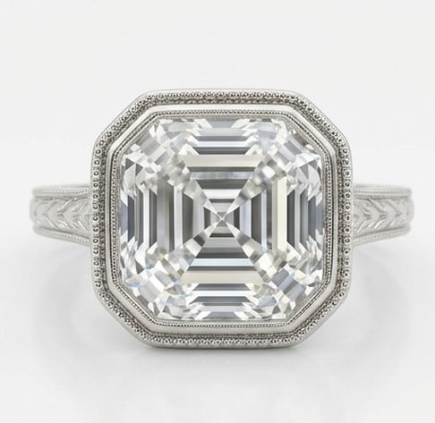 5.00 CT Asscher Lab Grown Diamond Vintage Halo Ring 14K White Gold: Center Stone: Lab Grown DiamondShape: Asscher CutCarat Weight: 5.00 CT (Approx.)Color: E–FClarity: VVS1–VS1Side Stones: Lab Grown Accent DiamondsMetal: 14K White GoldSetting: Vintage Inspired Halo