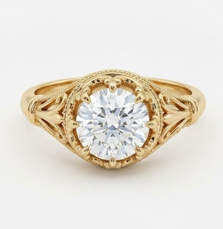 5.00 CT Round Lab Grown Diamond Vintage Halo Ring 14K Yellow Gold: Center Stone: Lab Grown DiamondShape: Round Brilliant CutCarat Weight: 5.00 CT (Approx.)Color: E–FClarity: VVS1–VS1Side Stones: Lab Grown Accent DiamondsMetal: 14K Yellow GoldSetting: Vintage Fili