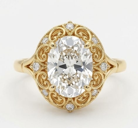 6.00 CT Lab Grown Diamond Lab-Grown Ring in Yellow Gold: An exceptional 6.00 carat lab-grown lab grown diamond ring, expertly crafted in luxurious Yellow Gold. The oval cut with ornate gold scrollwork halo design highlights the brilliance of the lab-grown c