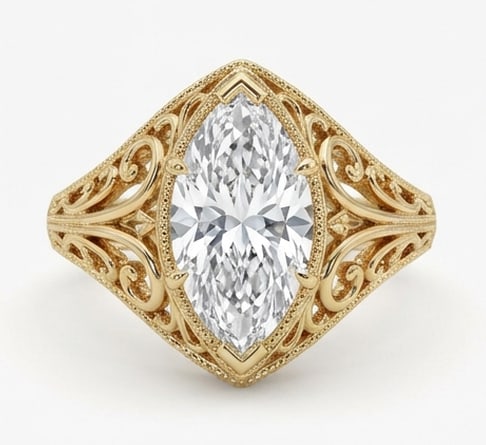 5.00 CT Marquise Lab Grown Diamond Vintage Filigree Ring 14K Yellow Gold: Center Stone: Lab Grown DiamondShape: Marquise CutCarat Weight: 5.00 CT (Approx.)Color: E–FClarity: VVS1–VS1Side Stones: NoneMetal: 14K Yellow GoldSetting: Vintage Filigree Solitaire with Prong Se