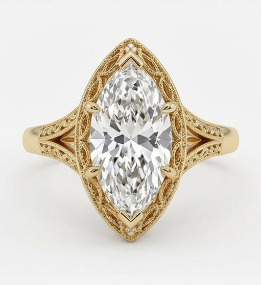 5.00 CT Marquise Lab Grown Diamond Vintage Filigree Ring 14K Yellow Gold: Center Stone: Lab Grown DiamondShape: Marquise CutCarat Weight: 5.00 CT (Approx.)Color: E–FClarity: VVS1–VS1Side Stones: NoneMetal: 14K Yellow GoldSetting: Vintage Filigree Solitaire with Prong Se