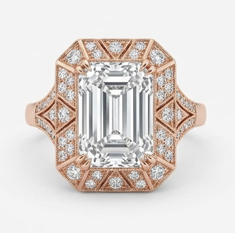 7.50 CT Emerald Lab Grown Diamond Art Deco Halo Ring 14K Rose Gold: Center Stone: Lab Grown DiamondShape: Emerald CutCarat Weight: 7.50 CT (Approx.)Color: E–FClarity: VVS1–VS1Side Stones: Lab Grown Accent DiamondsMetal: 14K Rose GoldSetting: Art Deco Inspired Halo