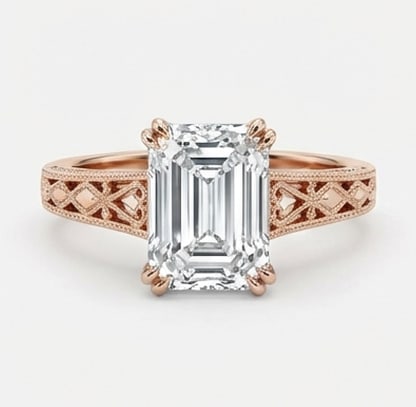 10.00 CT Emerald Lab Grown Diamond Vintage Ring 14K Rose Gold: Center Stone: Lab Grown DiamondShape: Emerald CutCarat Weight: 10.00 CT (Approx.)Color: E–FClarity: VVS1–VS1Side Stones: NoneMetal: 14K Rose GoldSetting: Vintage Inspired Solitaire with Prong Set