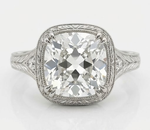 Stately 8.00 CT Cushion Cut Lab Grown Diamond Square Halo Ring in 14K White Gold: Description This regal ring features an 8.00 Carat Cushion Cut Lab Grown Diamond set within a structured square halo with wheat patterned engravings The shoulders of the ring are detailed with pavé d