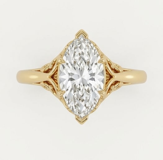 Stunning 8.00 CT Marquise Cut Lab Grown Diamond Ornate Solitaire Ring in 14K White Gold: Description This is a very impressive and elegant solitaire ring featuring a large 8.00 Carat Marquise Cut Lab Grown Diamond The elongated shape of the marquise stone creates a sophisticated and grace