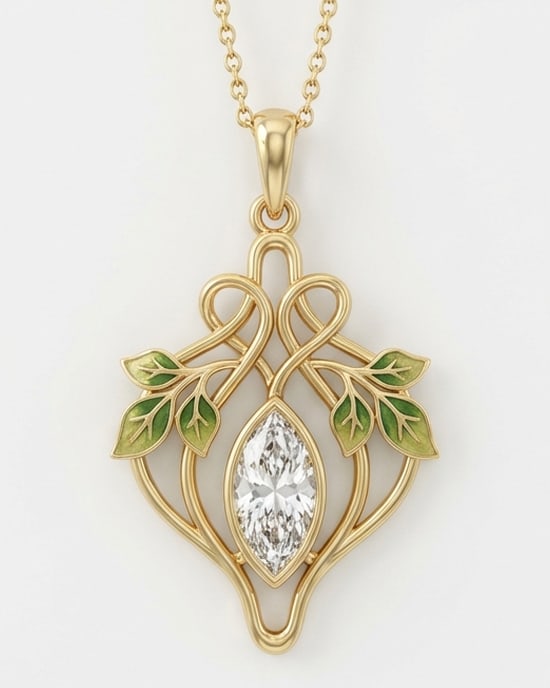 Artistic 2.00 CT Marquise Cut Lab Grown Diamond Enamel Leaf Pendant in 14K Yellow Gold: Description This unique nature-inspired pendant features a 2.00 Carat Marquise Cut Lab Grown Diamond at its center The 14K Yellow Gold frame is designed with swirling scrollwork and hand-painted green