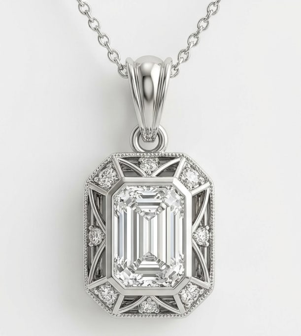 Elegant 4.00 CT Emerald Cut Lab Grown Diamond Ornate Bezel Pendant in 14K White Gold: Description A sophisticated 4.00 Carat Emerald Cut Lab Grown Diamond is showcased in a decorative milgrain bezel frame The pendant features an openwork geometric gallery that allows light to penetrate