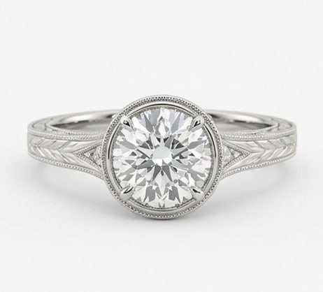 Modern 4.00 CT Round Brilliant Lab Grown Diamond Chevron Bezel Ring in 14K White Gold: Description This stylish ring features a 4.00 Carat Round Brilliant Cut Lab Grown Diamond in a secure circular bezel The band is uniquely designed with a chevron or herringbone patterned engraving tha