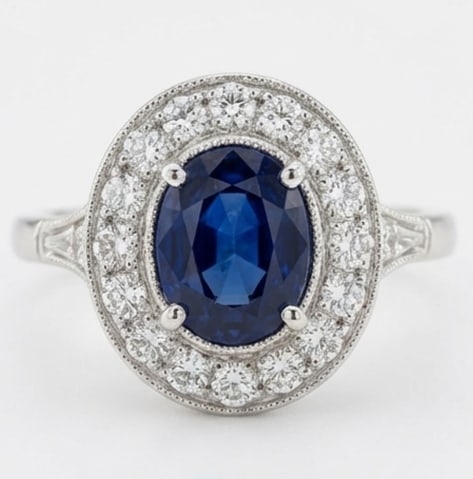 10.00 CT Sapphire Lab-Grown Ring in White Gold: An exceptional 10.00 carat lab-grown sapphire ring, expertly crafted in luxurious White Gold. The oval cut with classic diamond halo design highlights the brilliance of the lab-grown center stone, acc