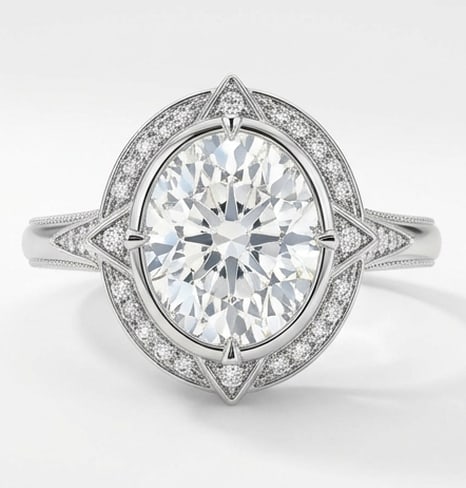 Sophisticated 8.00 CT Oval Cut Lab Grown Diamond Compass Halo Ring in 14K White Gold: Description A striking 8.00 Carat Oval Cut Lab Grown Diamond is featured in this architectural compass inspired halo design The center stone is surrounded by a double halo frame with distinct pointed