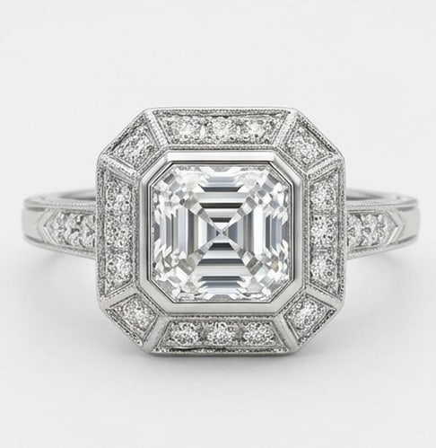 Stately 4.00 CT Asscher Cut Lab Grown Diamond Geometric Halo Ring in 14K White Gold: Description This Art Deco inspired ring showcases a 4.00 Carat Asscher Cut Lab Grown Diamond known for its exceptional step cut clarity The stone is set within a structural octagonal halo featuring mi