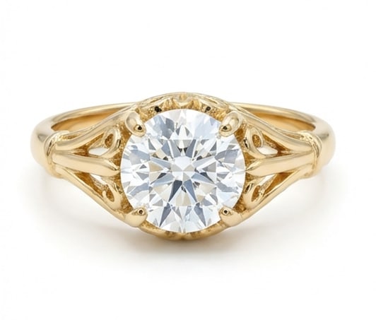 Beautiful 4.00 CT Round Brilliant Lab Grown Diamond Ornate Solitaire in 14K Yellow Gold: Description A 4.00 Carat Round Brilliant Cut Lab Grown Diamond sits atop a beautifully crafted 14K Yellow Gold band featuring interlocking scroll patterns and open gallery detailing This design combin