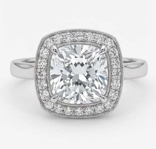 Luxe 6.00 CT Cushion Cut Lab Grown Diamond Classic Halo Ring in 14K White Gold: Description This timeless ring features a 6.00 Carat Cushion Cut Lab Grown Diamond surrounded by a shimmering halo of brilliant white accent diamonds The mounting is crafted in high polish 14K White G