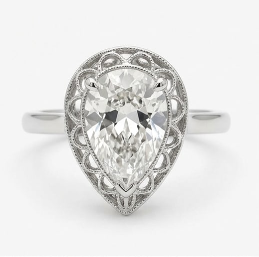 Grand 8.00 CT Pear Cut Lab Grown Diamond Victorian Lace Ring in 14K White Gold: Description This artistic design features a massive 8.00 Carat Pear Cut Lab Grown Diamond held within an intricate lace-like filigree frame The mounting mimics delicate Victorian wirework with scallop