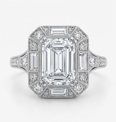 Classic 5.00 CT Emerald Cut Lab Grown Diamond Art Deco Step Ring in 14K White Gold: Description This sophisticated Art Deco inspired ring showcases a 5.00 Carat Emerald Cut Lab Grown Diamond known for its hall of mirrors effect The center stone is flanked by graduated baguette cut di