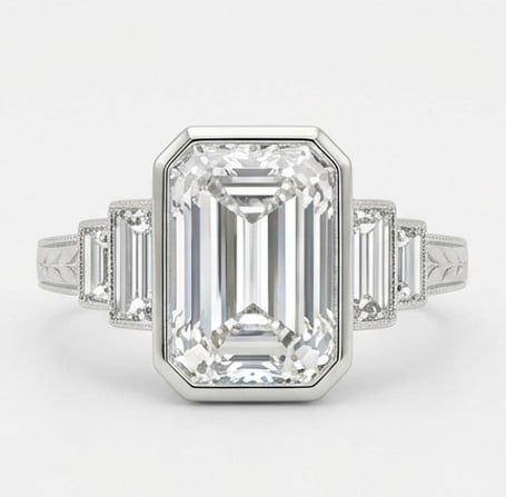 Magnificent 10.00 CT Emerald Cut Lab Grown Diamond Bezel Step Ring in 14K White Gold (1 of 4)