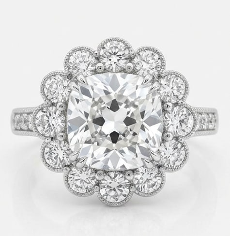 Elegant 6.00 CT Cushion Cut Lab Grown Diamond Floral Halo Ring in 14K White Gold: Description This regal ring features a 6.00 Carat Cushion Cut Lab Grown Diamond surrounded by a blooming floral halo of brilliant white accent diamonds The petal inspired setting creates a soft and ro