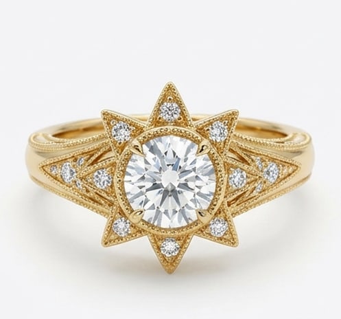4.00 CT Round Brilliant Lab Grown Diamond Starburst Ring in 14K Yellow Gold: Description Inspired by celestial beauty this ring features a 4.00 Carat Round Brilliant Cut Lab Grown Diamond set within a dramatic starburst halo The 14K Yellow Gold mounting is designed with radiat