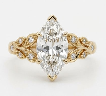 Exquisite 6.00 CT Marquise Cut Lab Grown Diamond Leaf Pattern Ring in 14K Yellow Gold: Description A striking 6.00 Carat Marquise Cut Lab Grown Diamond is featured in this beautiful nature-inspired design The 14K Yellow Gold band is adorned with delicate hand-carved leaf motifs and shim