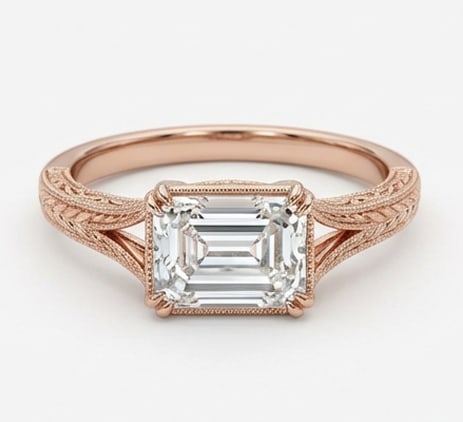 Modern 4.00 CT Emerald Cut Lab Grown Diamond East-West Bezel Ring in 14K Rose Gold: Description This stylish and contemporary ring features a 4.00 Carat Emerald Cut Lab Grown Diamond set in a unique horizontal East-West bezel mounting The secure 14K Rose Gold bezel provides a sleek l