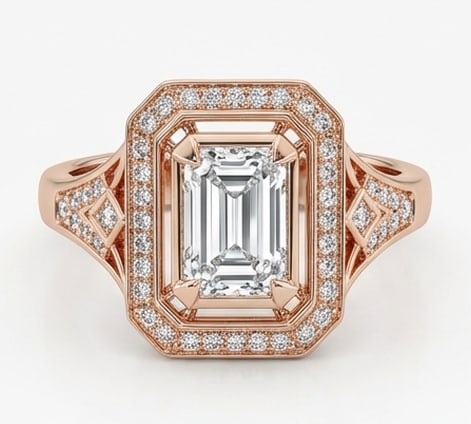 Luxe 3.00 CT Emerald Cut Lab Grown Diamond Double Halo Ring in 14K Rose Gold: Description This architectural statement piece features a 3.00 Carat Emerald Cut Lab Grown Diamond surrounded by a sophisticated double halo The geometric design is enhanced by split-shank shoulders a