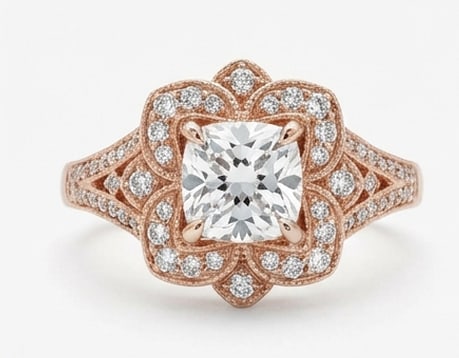 Beautiful 4.00 CT Cushion Cut Lab Grown Diamond Floral Lace Ring in 14K Rose Gold: Description A 4.00 Carat Cushion Cut Lab Grown Diamond is the focal point of this highly detailed romantic setting The band and halo are designed with a delicate lace-like pattern featuring floral mot