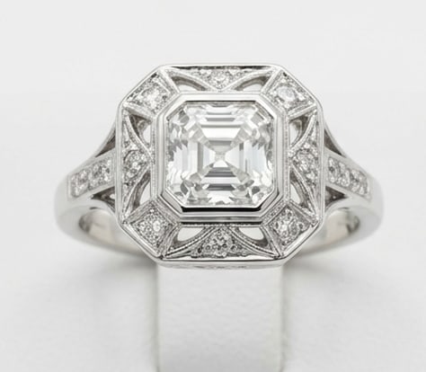 Classic 4.00 CT Asscher Cut Lab Grown Diamond Vintage Bezel Ring in 14K White Gold: Description This sophisticated vintage-inspired ring showcases a 4.00 Carat Asscher Cut Lab Grown Diamond set within a secure milgrain bezel The mounting features detailed openwork filigree and geomet