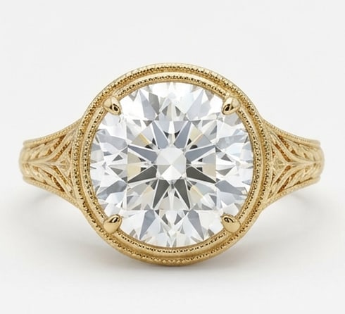 Grand 10.00 CT Round Brilliant Cut Lab Grown Diamond Ornate Ring in 14K Yellow Gold: Description An incredible 10.00 Carat Round Brilliant Cut Lab Grown Diamond is the center of attention in this bold 14K Yellow Gold setting The band is intricately carved with a detailed wheat-pattern