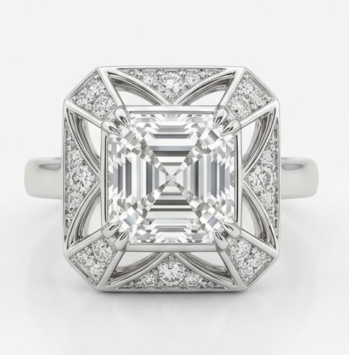 Stately 4.00 CT Asscher Cut Lab Grown Diamond Geometric Halo Ring in 14K White Gold: Description This modern architectural ring features a 4.00 Carat Asscher Cut Lab Grown Diamond at its center The stone is surrounded by a unique geometric halo frame with distinct openwork patterns an