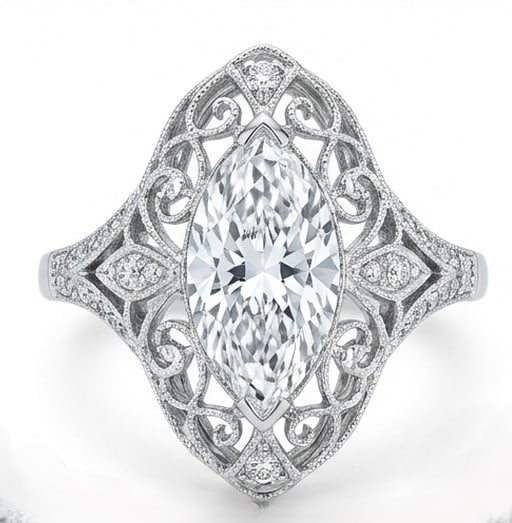 Exquisite 6.00 CT Marquise Cut Lab Grown Diamond Filigree Scroll Ring in 14K White Gold: Description A 6.00 Carat Marquise Cut Lab Grown Diamond sits atop a beautifully crafted 14K White Gold band featuring interlocking scroll patterns and milgrain borders This design combines a large bri