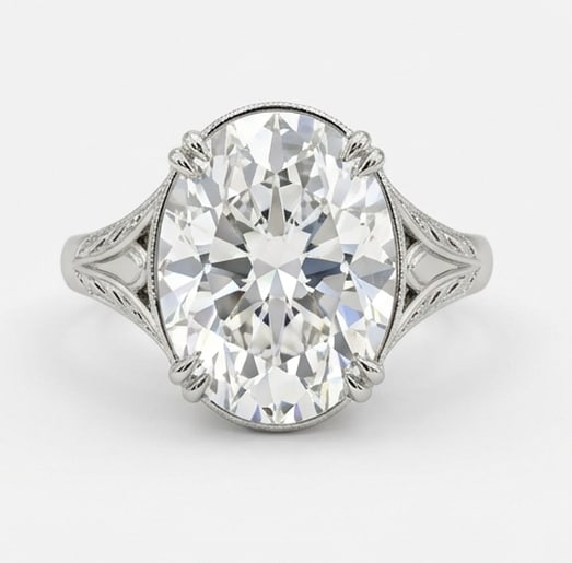 Grand 10.00 CT Oval Cut Lab Grown Diamond Ornate Solitaire Ring in 14K White Gold: Description This impressive statement ring features a massive 10.00 Carat Oval Cut Lab Grown Diamond held by a sophisticated six prong setting. The 14K White Gold band is adorned with intricate hand-c