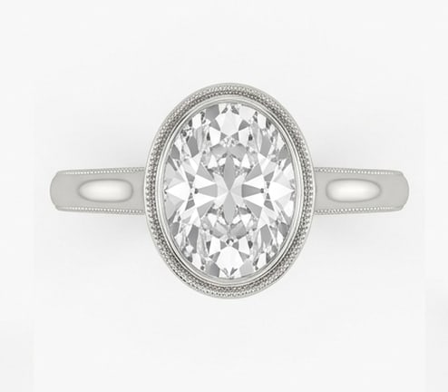 Classic 4.00 CT Oval Cut Lab Grown Diamond Bezel Ring in 14K White Gold: Description An elegant 4.00 Carat Oval Cut Lab Grown Diamond is the center of attention in this secure bezel setting. The 14K White Gold band features a delicate milgrain border and a smooth high-poli
