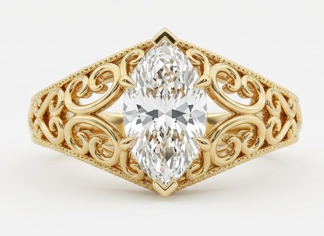 Graceful 4.00 CT Marquise Cut Lab Grown Diamond Floral Scroll Ring in 14K Yellow Gold: Description This artistic design features a 4.00 Carat Marquise Cut Lab Grown Diamond held by graceful swirling metalwork and hand carved floral accents The 14K Yellow Gold setting mimics natural vine