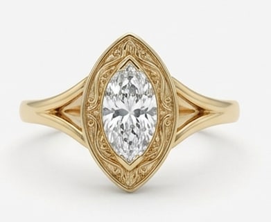 Elegant 2.00 CT Marquise Cut Lab Grown Diamond Bezel Scroll Ring in 14K Yellow Gold: Description This refined design features a 2.00 Carat Marquise Cut Lab Grown Diamond held in a secure high polish bezel setting The band is beautifully accented with symmetrical scrollwork and delicat