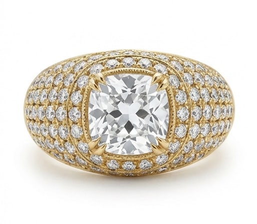 Magnificent 3.00 CT Cushion Cut Lab Grown Diamond Pavé Dome Ring in 14K Yellow Gold: Description An incredible statement piece featuring a 3.00 Carat Cushion Cut Lab Grown Diamond set within a bold dome style mounting encrusted with shimmering pavé diamonds The 14K Yellow Gold band p