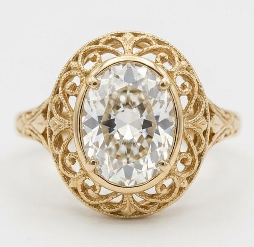 Stunning 8.00 CT Oval Cut Lab Grown Diamond Vintage Filigree Ring in 14K Yellow Gold: Description An elegant 8.00 Carat Oval Cut Lab Grown Diamond takes center stage in this highly detailed vintage inspired setting The band and gallery are adorned with interlocking scroll patterns milg