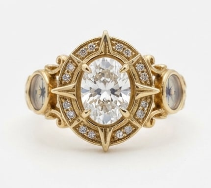 Artistic 3.00 CT Oval Cut Lab Grown Diamond Compass Solitaire Ring in 14K Yellow Gold: Description This unique and symbolic ring features a 3.00 Carat Oval Cut Lab Grown Diamond set within a dramatic celestial compass mounting The 14K Yellow Gold frame is designed with radiating points