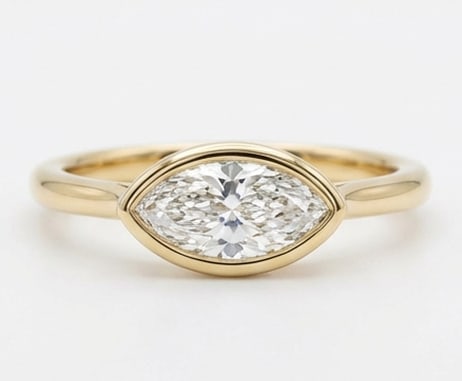 Modern 4.00 CT Marquise Cut Lab Grown Diamond East-West Bezel Ring in 14K Yellow Gold: Description This stylish and contemporary ring features a 4.00 Carat Marquise Cut Lab Grown Diamond set in a unique horizontal East-West bezel mounting The secure 14K Yellow Gold bezel provides a slee