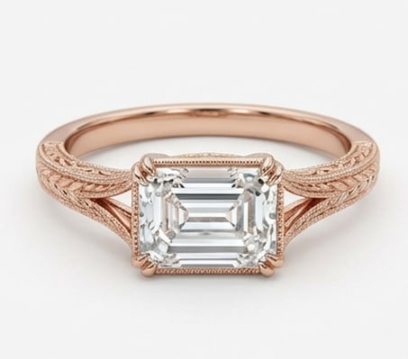 Sophisticated 3.00 CT Emerald Cut Lab Grown Diamond East-West Bezel Ring in 14K Rose Gold: Description This refined design features a 3.00 Carat Emerald Cut Lab Grown Diamond held in a secure East-West bezel mounting The warm 14K Rose Gold band is beautifully accented with symmetrical leaf