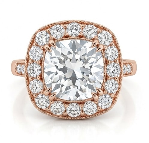 Radiant 4.00 CT Cushion Cut Lab Grown Diamond Halo Ring in 14K Rose Gold: Description This timeless ring features a 4.00 Carat Cushion Cut Lab Grown Diamond surrounded by a shimmering halo of brilliant white accent diamonds The mounting is crafted in warm 14K Rose Gold with