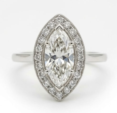 Title Exquisite 3.00 CT Marquise Cut Lab Grown Diamond Vintage Halo Ring in 14K White Gold: Description This romantic design features a 3.00 Carat Marquise Cut Lab Grown Diamond surrounded by a shimmering halo of brilliant white accent diamonds The mounting is crafted with intricate milgrain