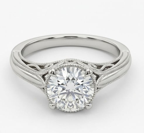 Beautiful 4.00 CT Round Brilliant Cut Lab Grown Diamond Ornate Solitaire in 14K White Gold: Description A 4.00 Carat Round Brilliant Cut Lab Grown Diamond sits atop a beautifully crafted 14K White Gold band featuring interlocking scroll patterns and milgrain borders This design combines a cl