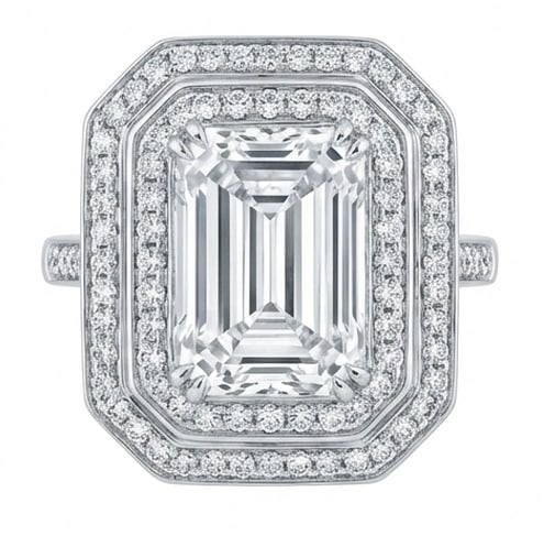Luxe 4.00 CT Emerald Cut Lab Grown Diamond Double Halo Ring in 14K White Gold: Description This architectural masterpiece features a centerpiece 4.00 Carat Emerald Cut Lab Grown Diamond surrounded by a sophisticated double halo composed of round brilliant cut diamonds The geomet