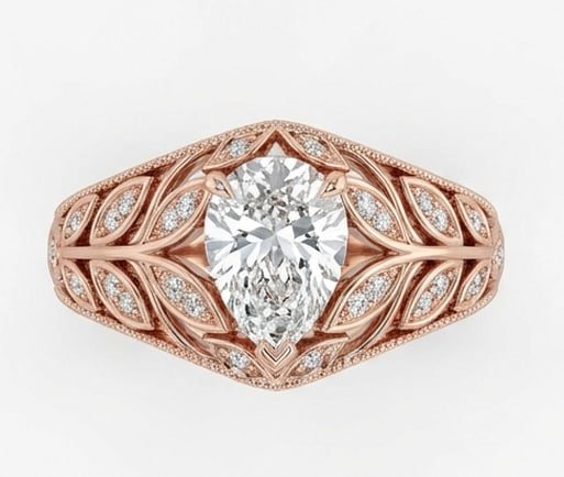 Exquisite 3.00 CT Pear Cut Lab Grown Diamond Leaf Pattern Ring in 14K Rose Gold: Description A striking 3.00 Carat Pear Cut Lab Grown Diamond is featured in this beautiful nature inspired design The 14K Rose Gold band is adorned with delicate hand carved leaf motifs and shimmering