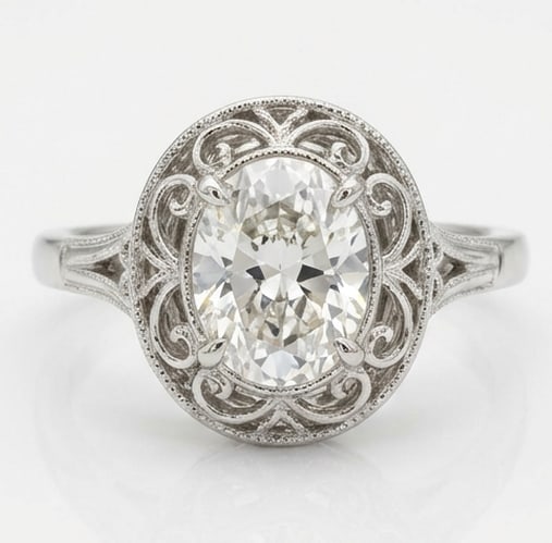 Stunning 6.00 CT Oval Cut Lab Grown Diamond Victorian Filigree Ring in 14K White Gold: Description An elegant 6.00 Carat Oval Cut Lab Grown Diamond takes center stage in this highly detailed vintage inspired setting The mounting is decorated with intricate hand carved filigree and flora