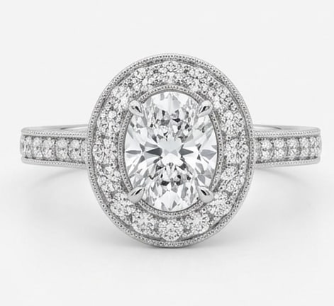 Luxe 3.00 CT Oval Cut Lab Grown Diamond Classic Halo Ring in 14K White Gold: Description This timeless ring features a 3.00 Carat Oval Cut Lab Grown Diamond surrounded by a shimmering halo of brilliant white accent diamonds The mounting is crafted in high polish 14K White Gold