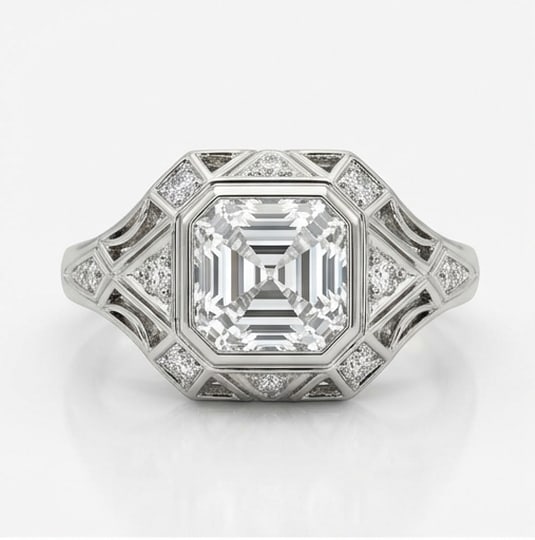 Stately 4.00 CT Asscher Cut Lab Grown Diamond Geometric Solitaire Ring in 14K White Gold: Description A magnificent 4.00 Carat Asscher Cut Lab Grown Diamond is showcased in this highly detailed architectural setting The center stone is held within a structured mounting featuring milgrain b