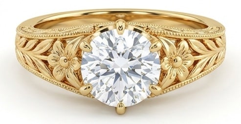 Exquisite 4.00 CT Round Brilliant Lab Grown Diamond Floral Scroll Ring in 14K Yellow Gold: Description A 4.00 Carat Round Brilliant Cut Lab Grown Diamond sits atop a beautifully crafted 14K Yellow Gold band featuring intricate hand carved floral patterns and milgrain borders The mounting fe